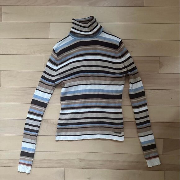 Vintage Blumind Striped Turtleneck – Y2K Ribbed Knit Top in Brown, Blue Cream - Picture 2 of 7